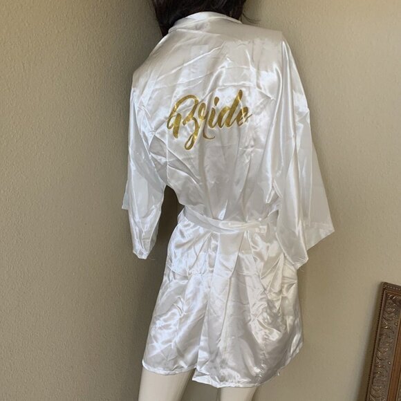 White Satin Bride Robe Kimono Size Small - Picture 2 of 11